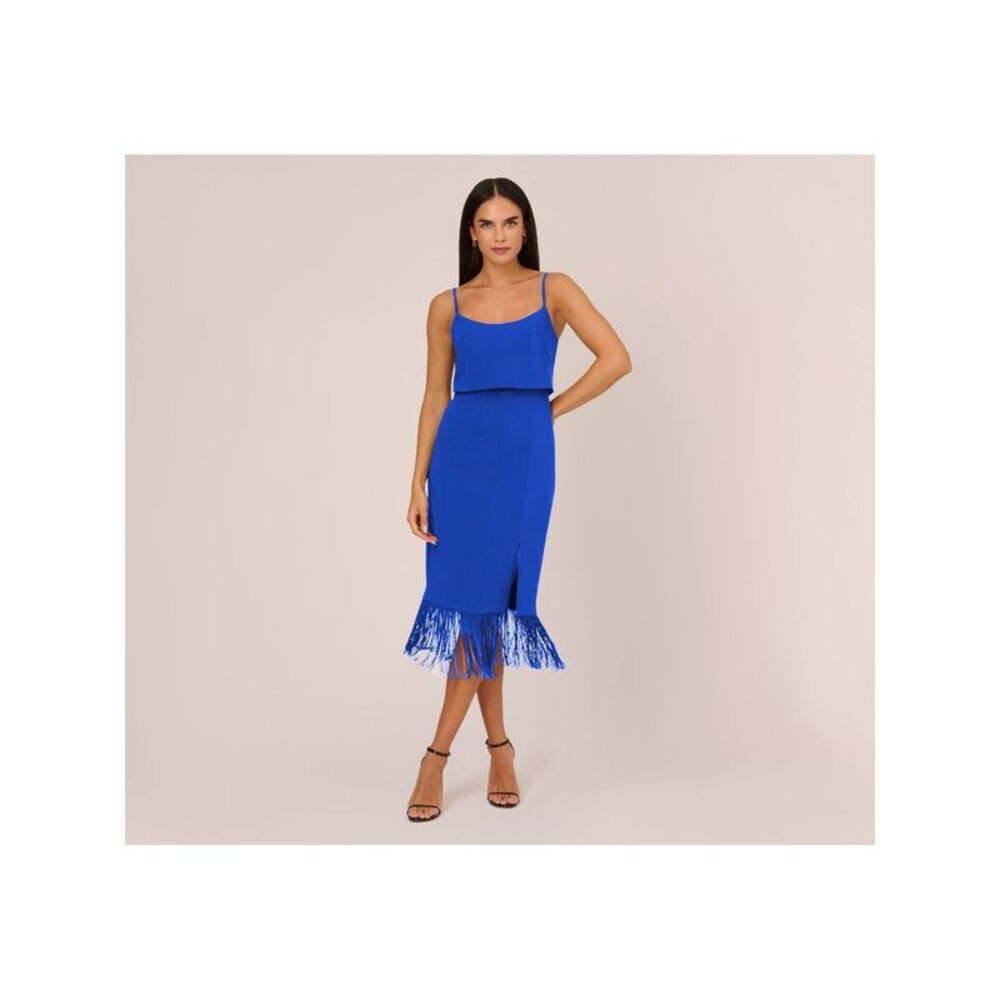 AIDAN Womens Blue Fold-over Fringed-hem Lined Spaghetti Strap Midi Dress 0
